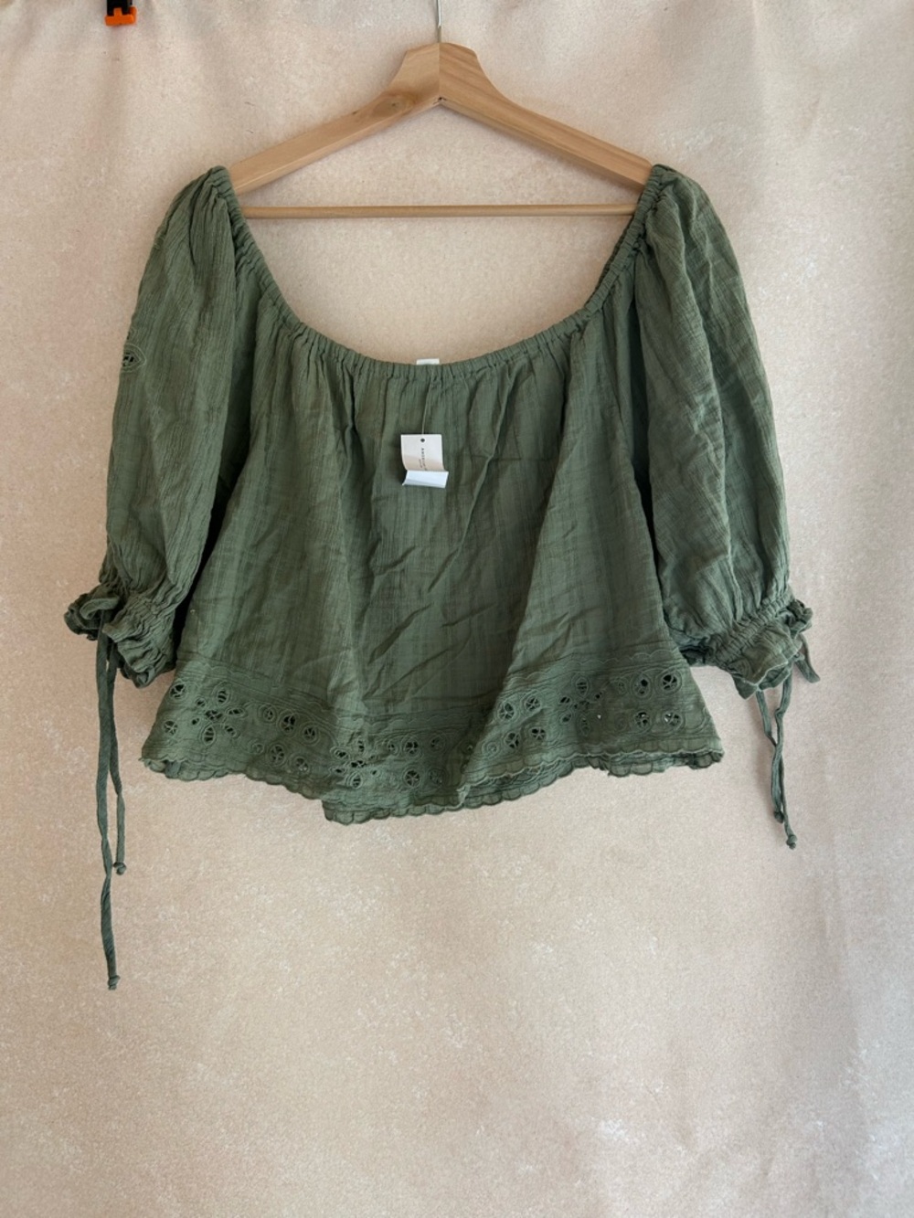 American Eagle Outfitters Olive Green Peasant Top with Eyelet Hem